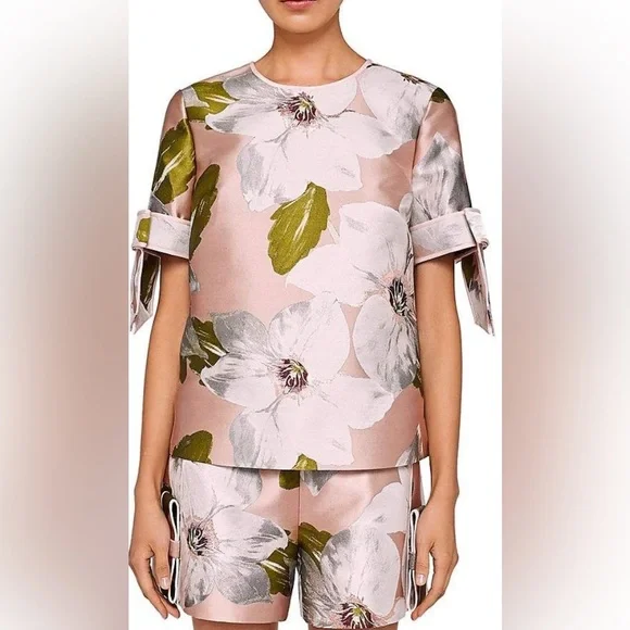 NWOT Ted Baker 'Caytey' Chatsworth Bloom Dusty Pink Bow Sleeve Top - Picture 2 of 15
